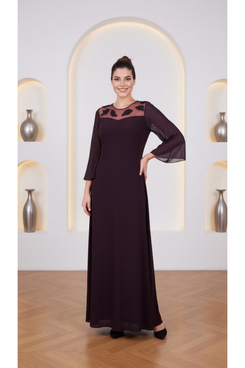 Nidya Moda Büyük Beden Kadın Mürdüm Şifon Kol Roba Tül Taşlı Motif Uzun Sandy Abiye Elbise-4115M