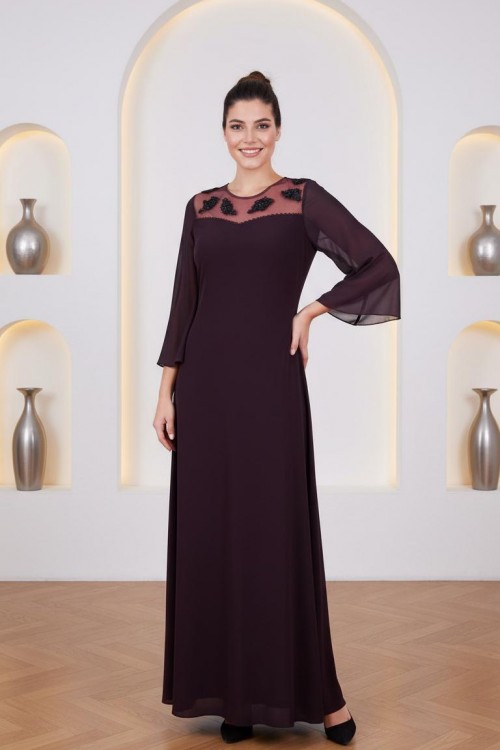 Nidya Moda Büyük Beden Kadın Mürdüm Şifon Kol Roba Tül Taşlı Motif Uzun Sandy Abiye Elbise-4115M