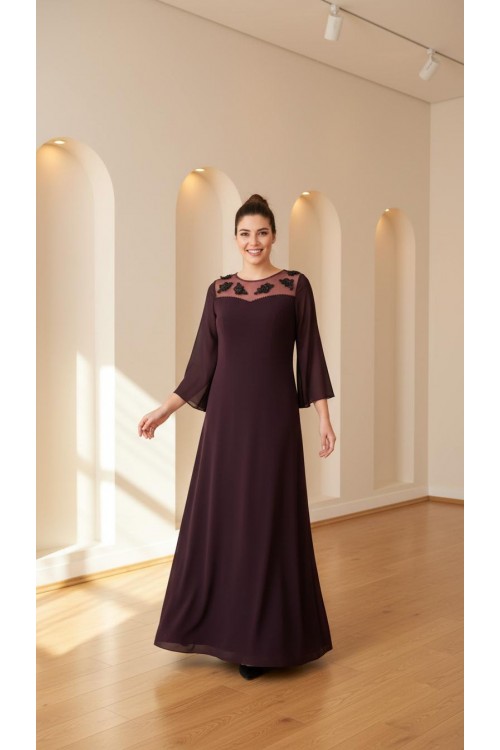 Nidya Moda Büyük Beden Kadın Mürdüm Şifon Kol Roba Tül Taşlı Motif Uzun Sandy Abiye Elbise-4115M