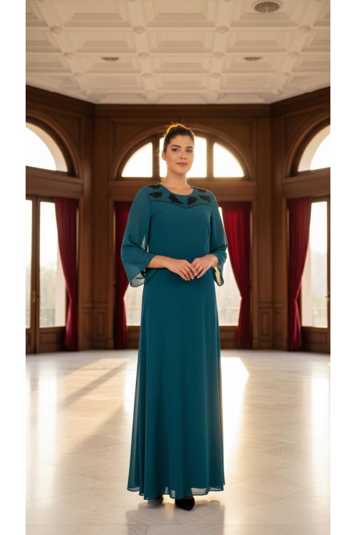 Nidya Moda Büyük Beden Kadın Petrol Şifon Kol Roba  Tül Taşlı Motif Uzun  Sandy Abiye Elbise-4115P