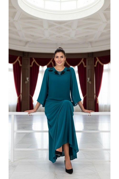 Nidya Moda Büyük Beden Kadın Petrol Şifon Kol Roba  Tül Taşlı Motif Uzun  Sandy Abiye Elbise-4115P