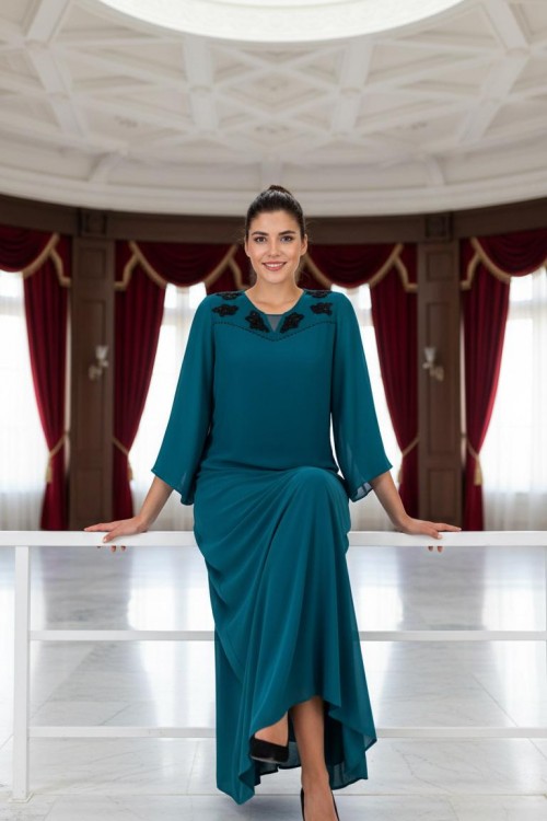 Nidya Moda Büyük Beden Kadın Petrol Şifon Kol Roba  Tül Taşlı Motif Uzun  Sandy Abiye Elbise-4115P