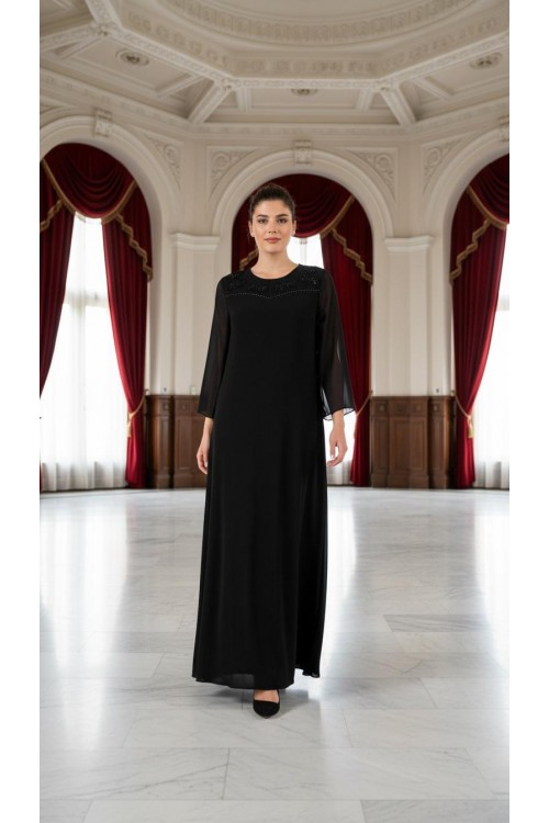 Nidya Moda Büyük Beden Kadın Siyah Şifon Kol Roba Tül Taşlı Motif Uzun  Sandy Abiye Elbise-4115S