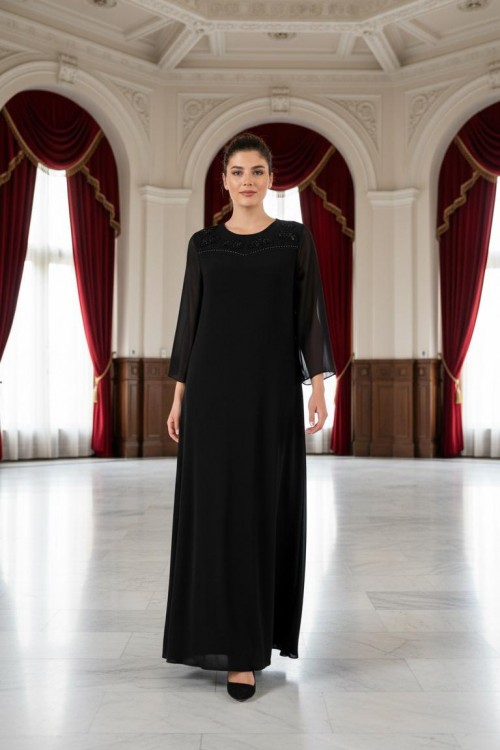 Nidya Moda Büyük Beden Kadın Siyah Şifon Kol Roba Tül Taşlı Motif Uzun  Sandy Abiye Elbise-4115S