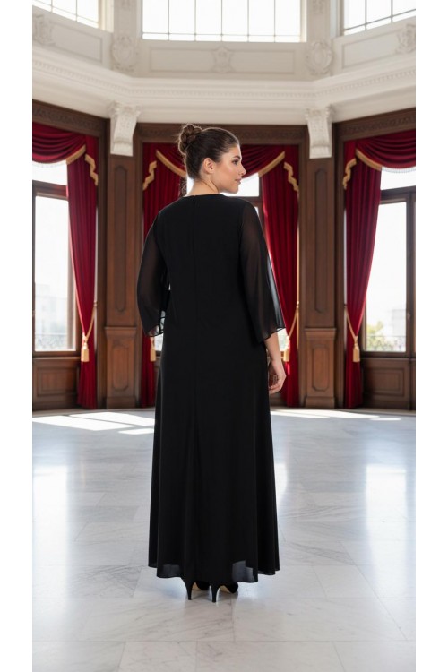 Nidya Moda Büyük Beden Kadın Siyah Şifon Kol Roba Tül Taşlı Motif Uzun  Sandy Abiye Elbise-4115S