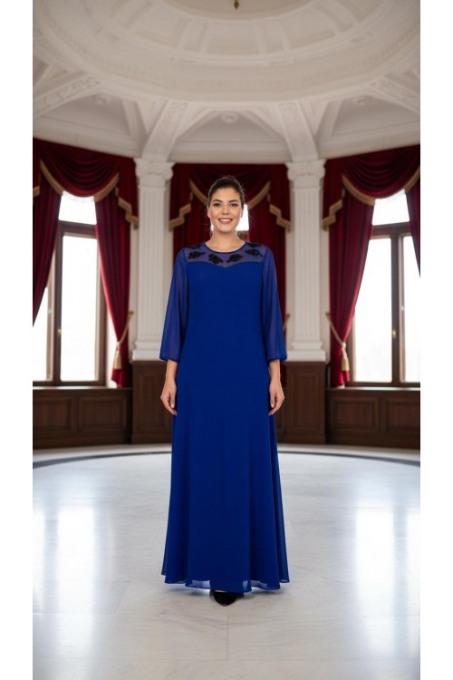 Nidya Moda Büyük Beden Kadın Saks Şifon Kol Roba Tül Taşlı Motif Uzun Sandy Abiye Elbise-4115SX