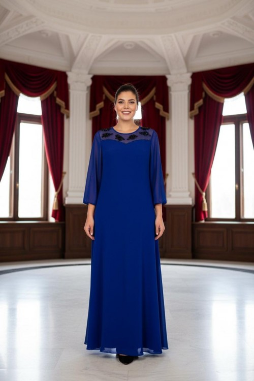 Nidya Moda Büyük Beden Kadın Saks Şifon Kol Roba Tül Taşlı Motif Uzun Sandy Abiye Elbise-4115SX