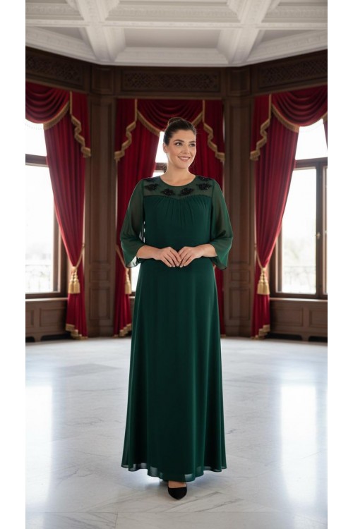Nidya Moda Büyük Beden Kadın Yeşil  Şifon Kol Roba Tül Taşlı Motif Uzun Sandy Abiye Elbise-4115Y