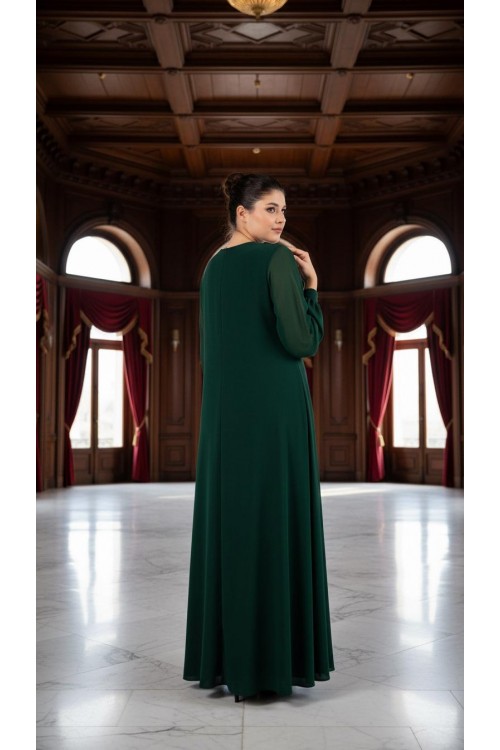 Nidya Moda Büyük Beden Kadın Yeşil  Şifon Kol Roba Tül Taşlı Motif Uzun Sandy Abiye Elbise-4115Y