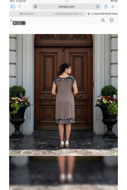 Nidya Moda Büyük Beden Kadın Roba Etek Ucu Vizon Pullu Payetli Örme Abiye Elbise 4117V