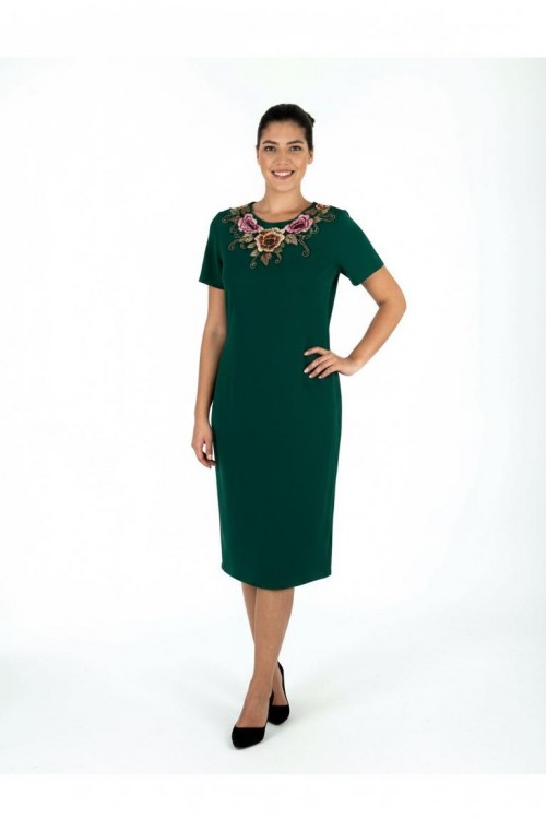 Nidya Moda Büyük Beden Kadın Yeşil Menekşe Motif Aplik Yaka Örme Abiye Elbise-4124Y