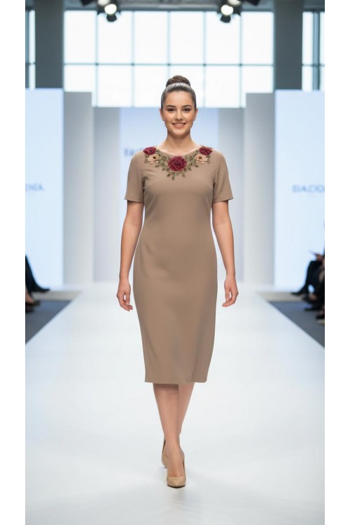 Nidya Moda Büyük Beden Kadın Vizon Gelincik Aplik Yaka Abiye Elbise-4130V