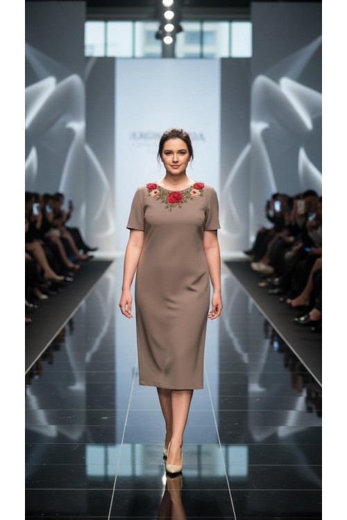 Nidya Moda Büyük Beden Kadın Vizon Gelincik Aplik Yaka Abiye Elbise-4130V