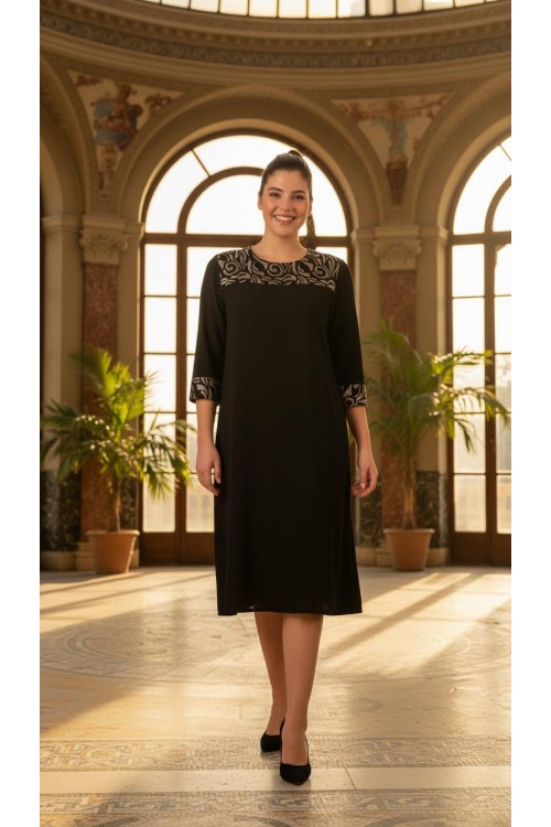 Nidya Moda Büyük Beden Kadın Siyah Roba Brokar Dantel Kombinli Sandy Abiye Elbise 4143S