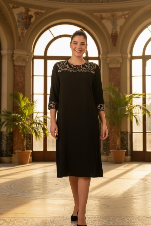 Nidya Moda Büyük Beden Kadın Siyah Roba Brokar Dantel Kombinli Sandy Abiye Elbise 4143S