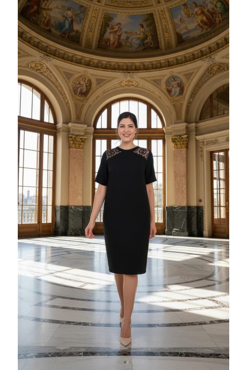 Nidya Moda Büyük Beden Kadın Siyah Omuz Pullu Payet Kombinli  Krep Abiye Elbise-4153S