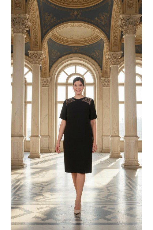 Nidya Moda Büyük Beden Kadın Siyah Omuz Pullu Payet Kombinli  Krep Abiye Elbise-4153S