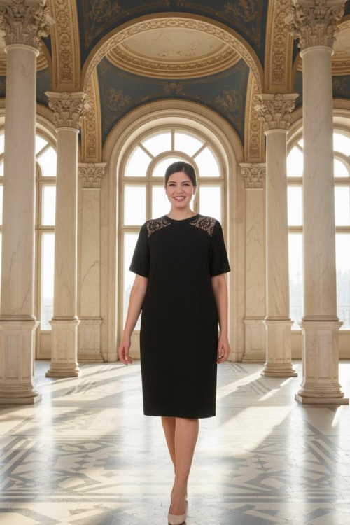 Nidya Moda Büyük Beden Kadın Siyah Omuz Pullu Payet Kombinli  Krep Abiye Elbise-4153S