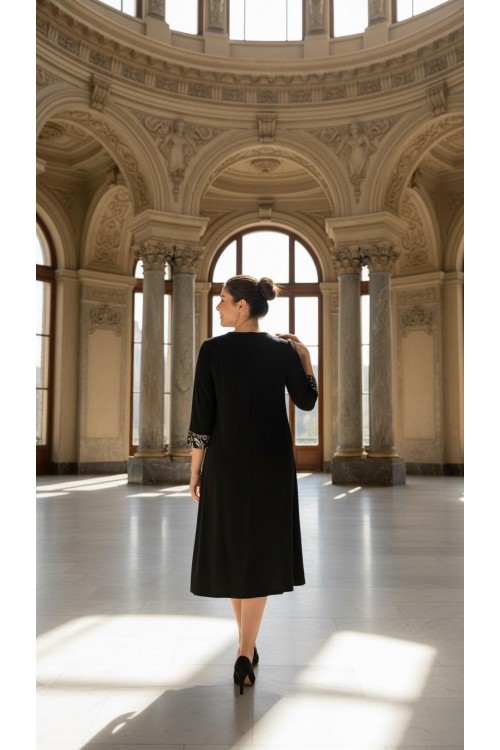 Nidya Moda Büyük Beden Kadın Siyah Roba Brokar Dantel Kombinli Sandy Abiye Elbise 4143S