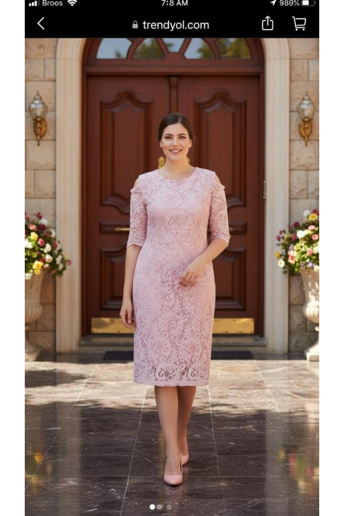 Nidya Moda  Büyük Beden Kadın Pembe Omzu Pencereli Dantel Abiye Elbise-4146P