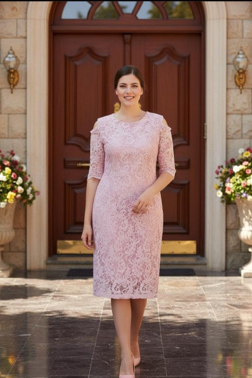 Nidya Moda  Büyük Beden Kadın Pembe Omzu Pencereli Dantel Abiye Elbise-4146P