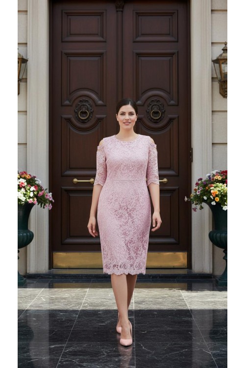Nidya Moda  Büyük Beden Kadın Pembe Omzu Pencereli Dantel Abiye Elbise-4146P
