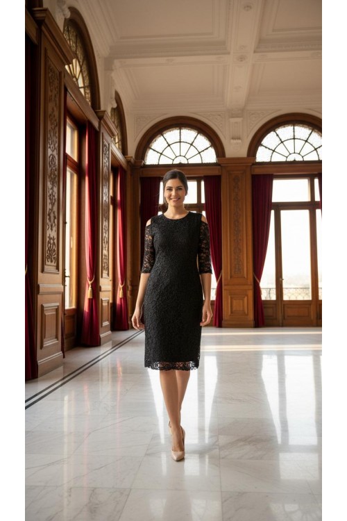 Nidya Moda  Büyük Beden Kadın Siyah Omzu Pencereli Dantel Abiye Elbise-4146S