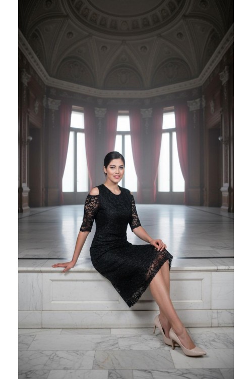 Nidya Moda  Büyük Beden Kadın Siyah Omzu Pencereli Dantel Abiye Elbise-4146S