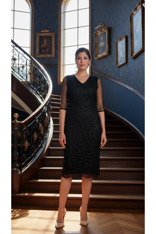 Nidya Moda Büyük Beden Kadın Siyah Tül Kol Sarmal Simli Dantel Abiye  Elbise-4147S