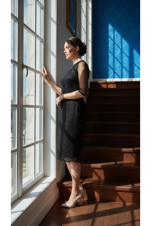 Nidya Moda Büyük Beden Kadın Siyah Tül Kol Sarmal Simli Dantel Abiye  Elbise-4147S