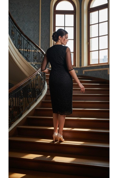 Nidya Moda Büyük Beden Kadın Siyah Tül Kol Sarmal Simli Dantel Abiye  Elbise-4147S