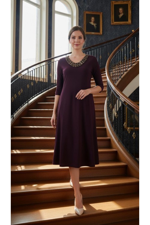 Nidya Moda Büyük Beden Kadın Mürdüm Renkli Taşlı Yaka Sandy  Abiye Elbise-4148M