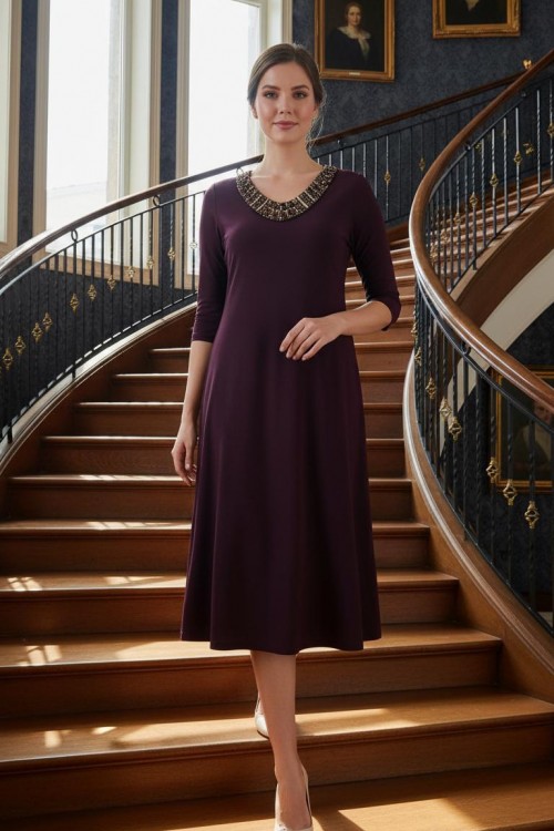 Nidya Moda Büyük Beden Kadın Mürdüm Renkli Taşlı Yaka Sandy  Abiye Elbise-4148M