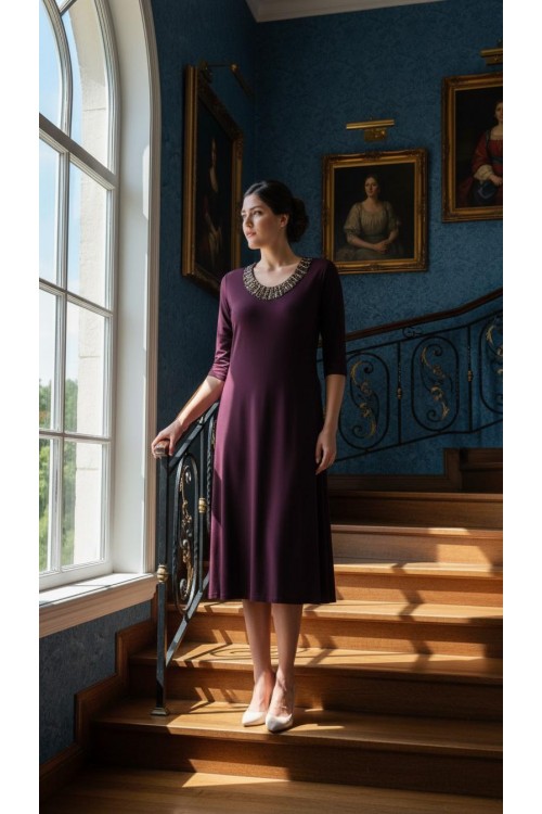 Nidya Moda Büyük Beden Kadın Mürdüm Renkli Taşlı Yaka Sandy  Abiye Elbise-4148M