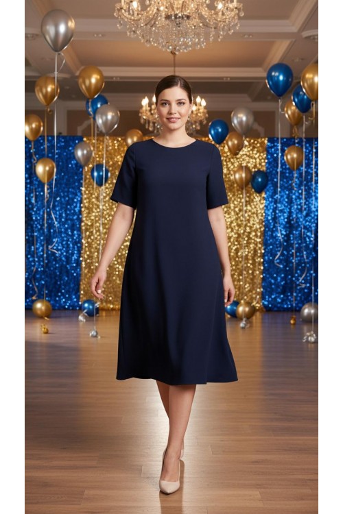 Nidya Moda Büyük Beden Kadın Lacivert Ön Kısa Arka Uzun Krep Abiye Elbise-4151L