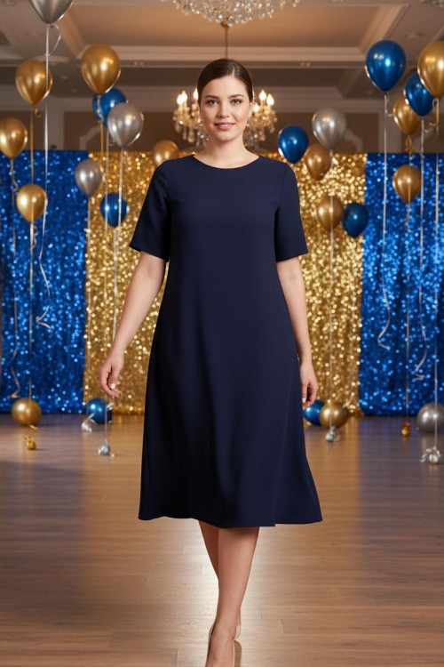 Nidya Moda Büyük Beden Kadın Lacivert Ön Kısa Arka Uzun Krep Abiye Elbise-4151L