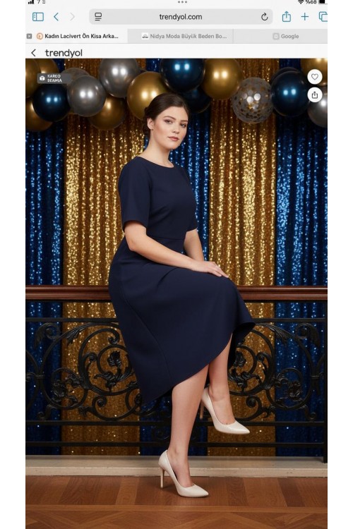 Nidya Moda Büyük Beden Kadın Lacivert Ön Kısa Arka Uzun Krep Abiye Elbise-4151L
