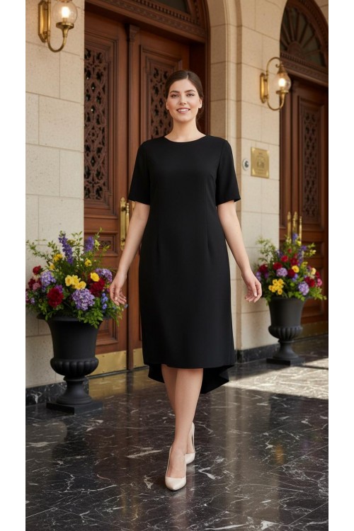 Nidya Moda Büyük Beden Kadın Siyah Ön Kısa Arka Uzun Krep Abiye  Elbise-4151S