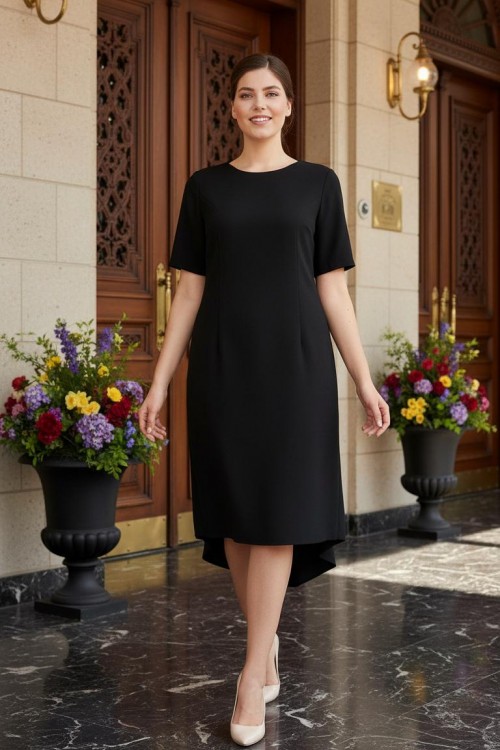 Nidya Moda Büyük Beden Kadın Siyah Ön Kısa Arka Uzun Krep Abiye  Elbise-4151S