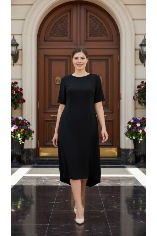 Nidya Moda Büyük Beden Kadın Siyah Ön Kısa Arka Uzun Krep Abiye  Elbise-4151S