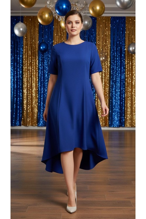 Nidya Moda Büyük Beden Kadın Saks Ön Kısa Arka Uzun Krep   Abiye Elbise-4151SX