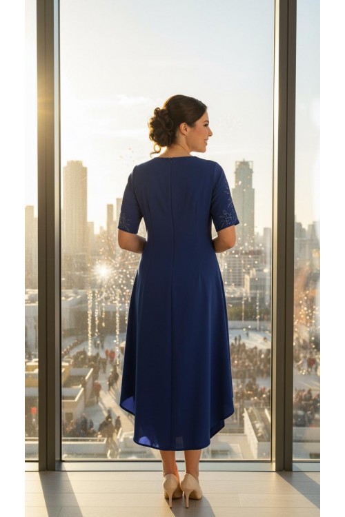 Nidya Moda Büyük Beden Kadın Saks Ön Kısa Arka Uzun Krep   Abiye Elbise-4151SX