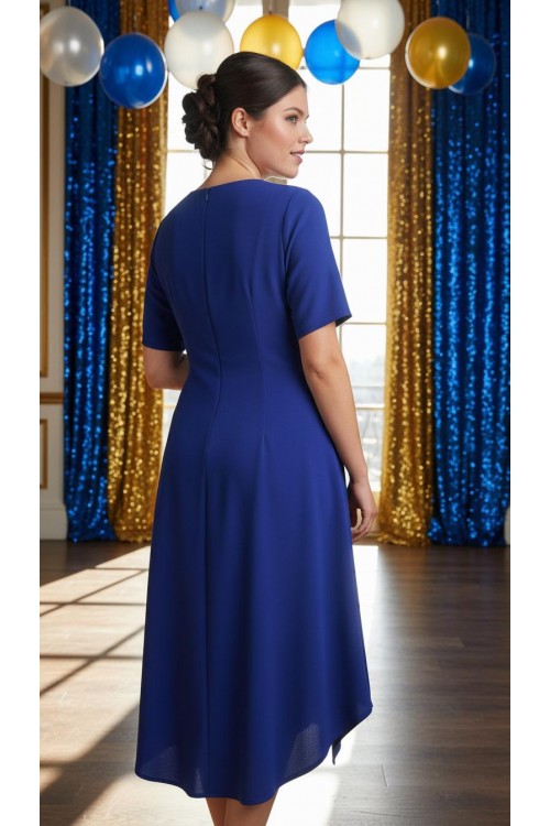 Nidya Moda Büyük Beden Kadın Saks Ön Kısa Arka Uzun Krep   Abiye Elbise-4151SX