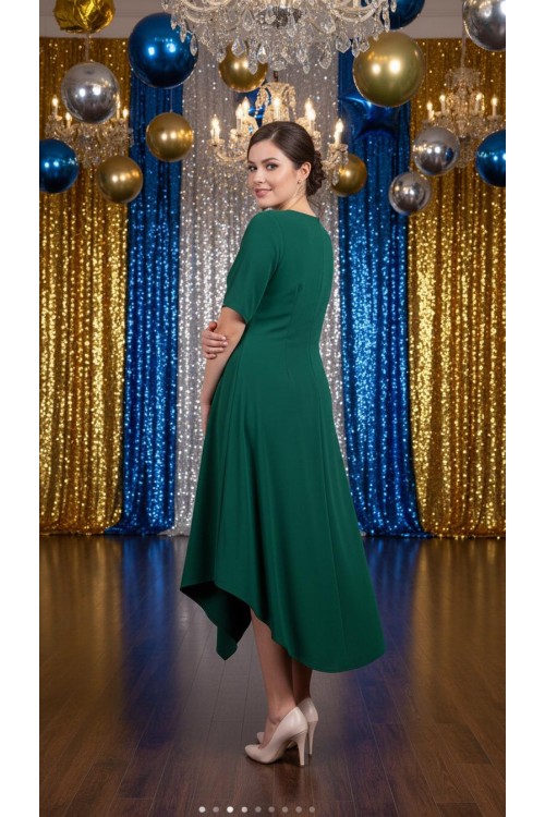 Nidya Moda Büyük Beden Kadın Yeşil Ön Kısa Arka Uzun Krep Abiye Elbise-4151Y