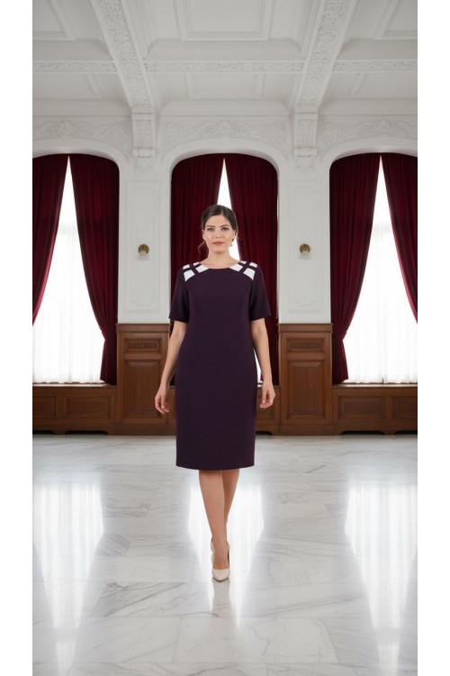 Nidya Moda Büyük Beden Kadın Mürdüm Omuz Kafes Beyaz Kombinli Krep Abiye Elbise-4152M