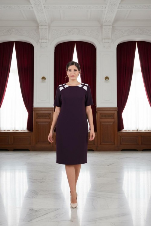 Nidya Moda Büyük Beden Kadın Mürdüm Omuz Kafes Beyaz Kombinli Krep Abiye Elbise-4152M