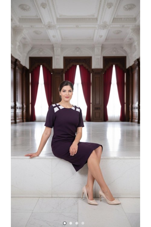 Nidya Moda Büyük Beden Kadın Mürdüm Omuz Kafes Beyaz Kombinli Krep Abiye Elbise-4152M