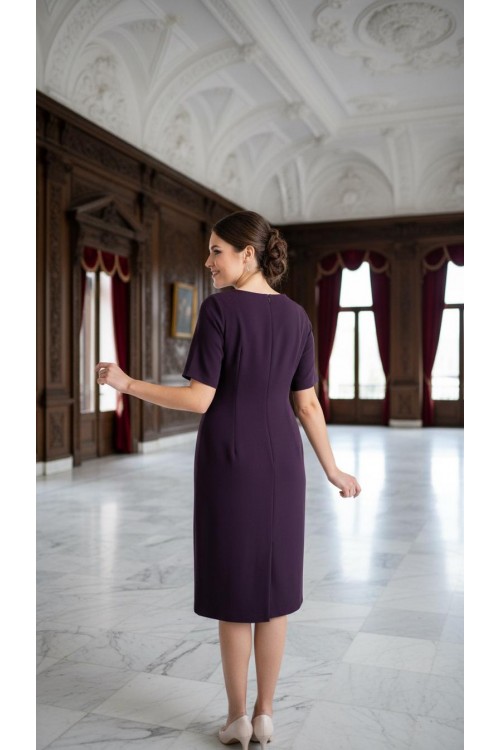 Nidya Moda Büyük Beden Kadın Mürdüm Omuz Kafes Beyaz Kombinli Krep Abiye Elbise-4152M