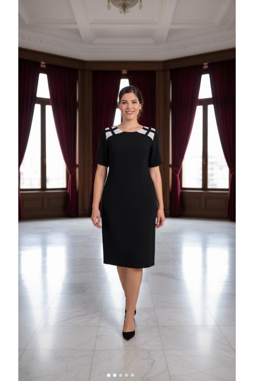 Nidya Moda Büyük Beden Kadın Siyah Omuz Kafes Kombinli Krep Abiye Elbise-4152S