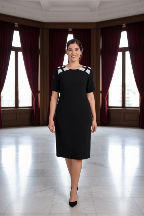 Nidya Moda Büyük Beden Kadın Siyah Omuz Kafes Kombinli Krep Abiye Elbise-4152S